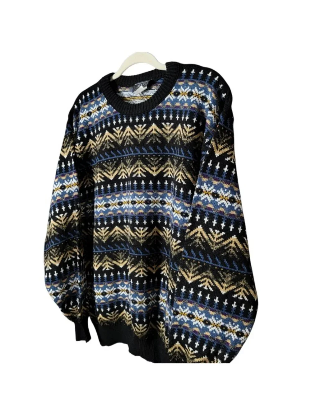 VTG Atlas Mens Blue Geometric Nordic Fair Isle Knit Crewneck Pullover Sweater XL